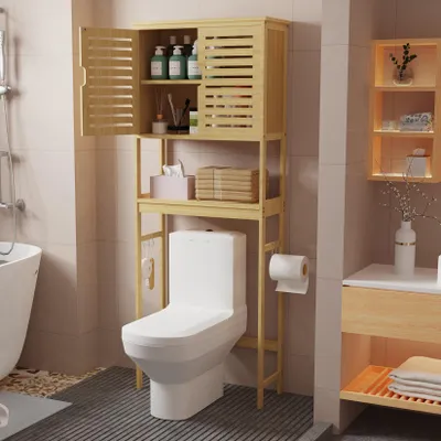 Image de FATIVO Meuble de Rangement Salle de Bain: Organisateur en Bambou au-Dessus des Toilettes à 2 Portes avec Etagère Intérieure Réglable - 63x26x174cm