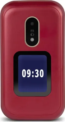 A red Doro 6060 flip phone is shown against a white background. The time '09:30' is displayed on the phone's screen.