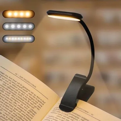 Zdjęcie produktu dla Lampa LED do czytania – lampka z zaciskiem do książek – do nocnego czytania – ładowalna i elastyczna – 3 tryby kolorystyczne – czarna
