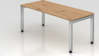 Produktbild von Schreibtisch Pejo | Asteiche | Silber Gestell | BxT 180x80cm | Arbeitshöhe 68-76cm | stufenlos höheneinstellbar | 4-Fuß-Gestell eckig | Rechteckform mit schwebender Tischplatte
