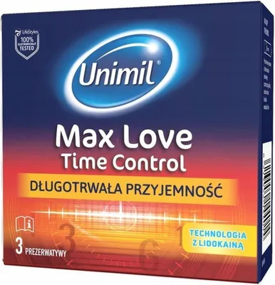 Zdjęcie produktu dla Unimil Max Love Time Control Nawilżane lateksowe prezerwatywy, 3 sztuki