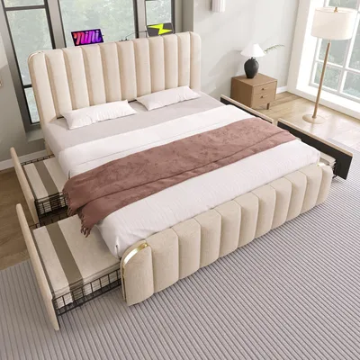 Produktbild von Polsterbett Doppelbett 180x200 cm, mit gepolstertem Kopfteil, goldene Zierstreifen,USB-C Ladestation, Leinenstoff in Beige,4 Schubladen(Ohne Matratz)
