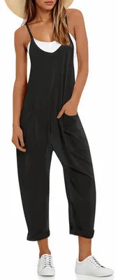 Produktbild von Imily Bela Damen-Sommer-Jumpsuit – Ärmellos, locker geschnitten, V-Ausschnitt, Spaghettiträger, lange Hose, Baggy-Overall mit Taschen