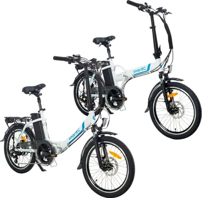Two white electric folding bicycles are shown against a white background.