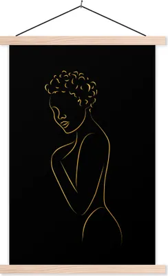 Produktbild von MuchoWow® Textilposter Frau - Schwarz - Gold - Strichzeichnung 40x60 cm mit holzfarbenen Rahmen - Poster