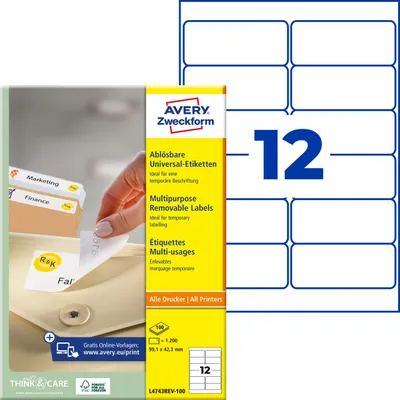 Produktbild von Avery Zweckform L4743REV-100, Universal-Etiketten, ablösbar, A4, 99,1 x 42,3 mm, 1.200 Etiketten / 100 Bögen, weiß