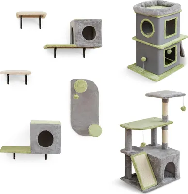 Produktbild von GOPLUS 3-in-1 Katzenmöbel Set, Katzenregal mit 5 tlg. Kletterwand, 3-stöckiger Kratzbaum & 2-stöckiges Katzenhaus, Katzenbaum mit Sisalstamm, Höhle