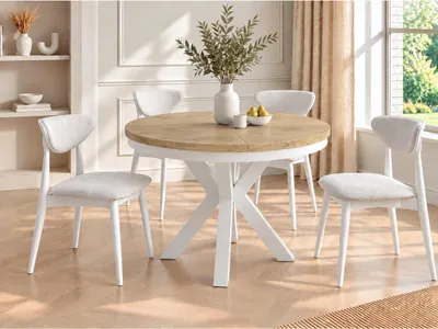 Produktbild von Runder Ausziehbarer Esstisch im Loft-Stil - Industrieller Tisch mit Weißen Metallbeinen - Platzsparender Tisch für Wohnzimmer - Lancelot Eiche - 120 bis 200 cm