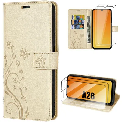 Image de Coque + 2 Verres Trempés pour Samsung Galaxy A26 5G, Protection Antichoc Cuir Synthétique Doré Motif Relief Papillon