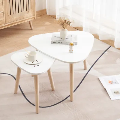Produktbild von 2er set Couchtisch Beistelltisch Kaffeetisch Sofatisch mit 3 Holzbeinen Weiß