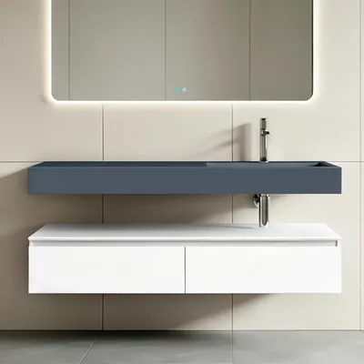 Image de doporro Meuble de Salle de Bain Blanc Mat Ensemble de 2 Pièces Meuble avec Lavabo 150cm Design Up avec 2 Grands Tiroirs