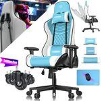 Immagine prodotto di Sedia da gaming KESSER® con poggiatesta e cuscino lombare - Sedia da gaming ergonomica con portata massima di 150 kg, braccioli girevoli a 360°, sedia da scrivania girevole - Azzurro e bianco