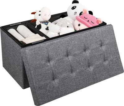 Immagine prodotto di Pouf portaoggetti pieghevole, panca da camera in tessuto Oxford con seduta imbottita e cassetto portaoggetti, con vano portaoggetti, grigio scuro