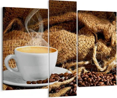 Produktbild von Bild auf Leinwand - Leinwandbild - Cappuccino Tasse Körner Beutel - 95x80cm - Wand Bild - Wanddeko - Leinwanddruck - Bilder - Kunstdruck - Wanddekoration - Leinwand bilder - Wandkunst - CB95x80-2383