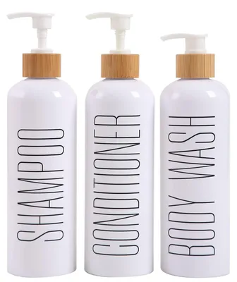 Image de Distributeur de shampoing et d'après-shampoing, flacons de shampoing rechargeables avec pompe en bambou, distributeur de douche moderne pour shampoing, après-shampoing et gel douche, 500 ml, blanc