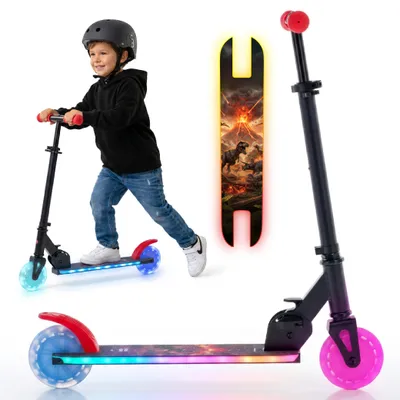 Productafbeelding van LUMI RIDE kinderloopfiets, kinderscooter, tweewieler met LED-wielen, achterrem, in hoogte verstelbaar, belastbaar tot 50 kg, opvouwbaar, zwart. DINO Sun Baby