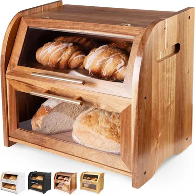 Produktbild von Arise Akazie Brotkasten mit Belüftung und 2 Regalen, Großer Holz Brotaufbewahrungsbehälter