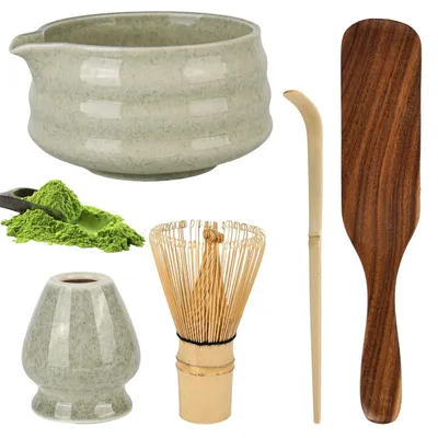 Matcha-Set, 5-teilig, Keramik, grün, 13,5 x 7 cm, Teezeremonie