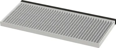 A clean air filter with a gray pleated filter medium and a black frame.