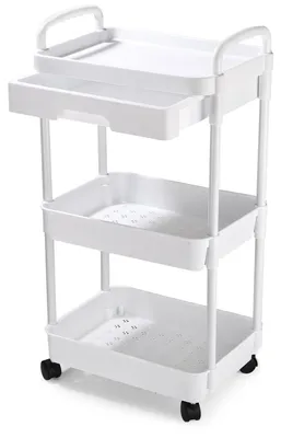 Obrázok produktu pre Voziak s tromi úrovňami, zásuvkami, háčikmi, uzamykateľnými kolieskami, bielej farby