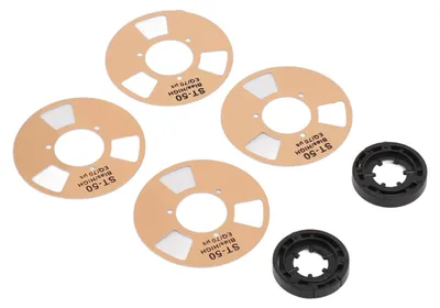 Zdjęcie produktu dla Kaseta magnetofonowa typu „reel-to-reel” do samodzielnego montażu – metalowa kaseta w stylu retro z 4 szpulami i 2 kołami do nagrywania muzyki, w kolorze złotym