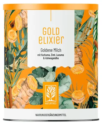 Produktbild von Goldene Milch mit Kurkuma, Zimt, Lucuma & Ashwagandha - GOLDELIXIER - Getränkepulver 30 Portionen - NATURTREU®