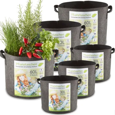 Produktbild von Pflanzsäcke 3 x 30 Liter + 3 x 60 Liter Set zooprinz | 260 g/m² Fleecestoff | Witterungsbeständig | Atmungsaktiv | Mehrfach verwendbar | Pflanztasche
