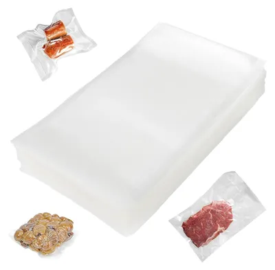 A stack of vacuum seal bags with three smaller bags containing food items shown in the corners.
