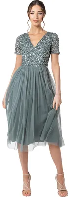 Produktbild von Maya Deluxe Damen Midi-Kleid mit V-Ausschnitt, Verziert Brautjungfernkleid, Grün