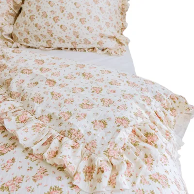 Produktbild von Musselin Bettwäsche Mit Rüschen Set Bettdeckenbezug 220X200 Cm + 2 Kissenbezüge 70X80 Cm Rosa-Blumen