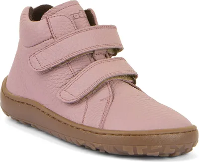 A single pink high-top shoe with two velcro straps, shown from a diagonal angle against a white background.