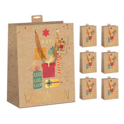 Produktbild von PremiumLine Weihnachtstüten Kraftpapier 6 Stück | Geschenktüte aus recyceltem Kraftkarton mit Baumwollband | DIN A4 Geschenktasche Frohe Weihnachten, Large 26x32x12cm | Skorpion Papeterie (Frohe Weihnachten)