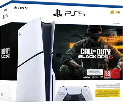 A PlayStation 5 console and controller are shown in their packaging, alongside a game cover for Call of Duty: Black Ops 6.