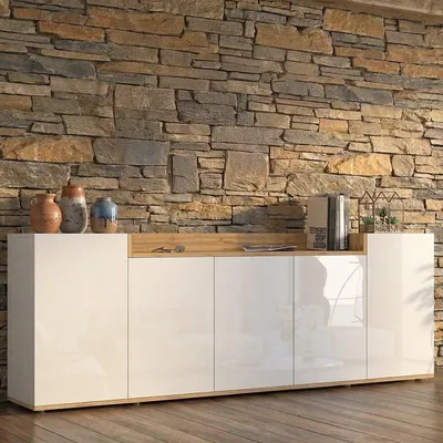Image de Cordele - Buffet, 200x35x70h cm Blanc brillant, 7 Étagères Fabriqué en Italie