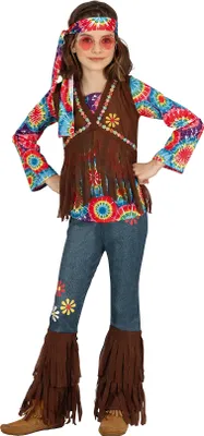 Produktbild von FIESTAS GUIRCA Happy Hippie Mädchen Kostüm 70er Jahre Outfit mit HippieStirnband, buntem Batik Oberteil, Weste und Hose für Mädchen von 7-9 Jahren