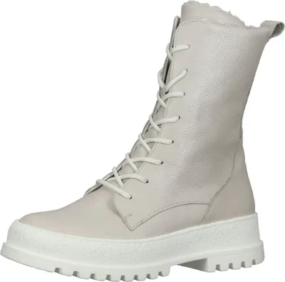 A single light gray leather boot with white laces and a white platform sole is shown against a white background.
