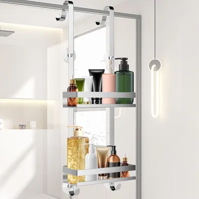 Image de Étagère de douche suspendue en acier inoxydable - Sans perçage, avec crochets inclus