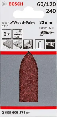 Produktbild von Schleifblatt C430, 32 mm, 60, 120, 240, ungelocht, Klett, 6er-Pack