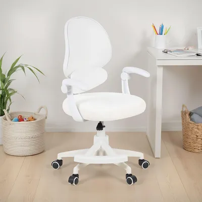 Produktbild von Schreibtischstuhl ISLA mit Fußstütze, Weiß – ergonomischer Schreibtischstuhl für Kinder und Jugendliche, höhenverstellbar, drehbar mit Lendenstütze, atmungsaktiver Netzrücken, Armlehnen