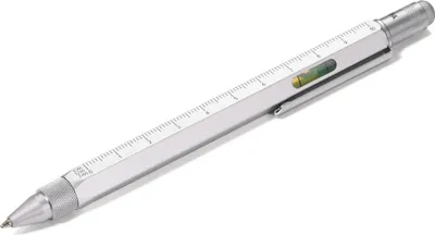 A silver multi-tool pen with a ruler and a spirit level is shown against a white background.
