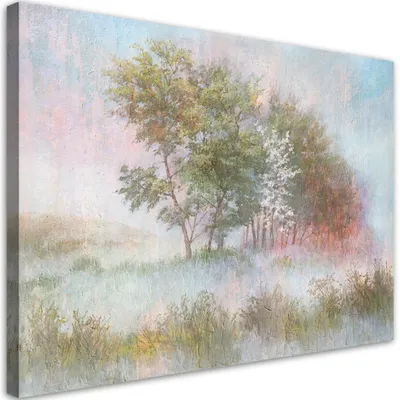 Produktbild von Leinwandbild bäume auf einer nebligen wiese 120x80 cm Feeby grün wandbild bereit zum aufhängen