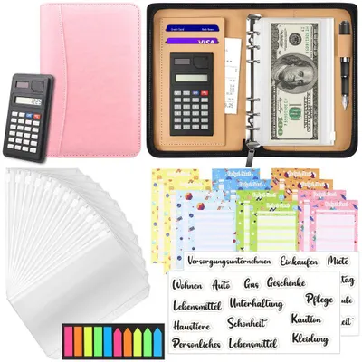 Produktbild von Budgetplaner (deutsch), A6-Budgetordner aus Kunstleder mit Geldscheinhüllen, Taschenrechner, Geldorganisator zum Sparen