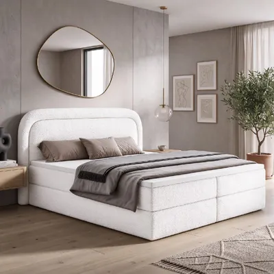 Produktbild von Boxspringbett BONITO 180x200 cm Komplett-Set mit Bettkasten, Bonell-Matratze H3 und Topper, Bouclé Weiß