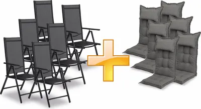Produktbild von sunnypillow 6er Set Gartenstühle und Gartenstuhlauflagen Hochlehner | 120x50x9 cm Hochlehner Auflage wasserdicht UV-lichtecht |Grau