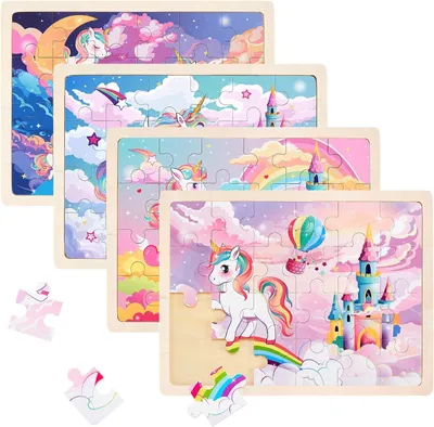 Produktbild von Holzpuzzles Für Kinder Mädchen Set Mit 4 Teilen Motiv Einhorn