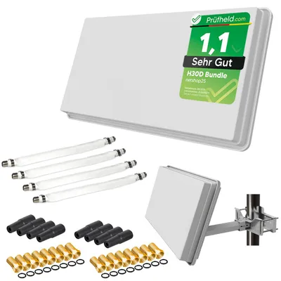 Produktbild von Sat Flachantenne Quad LNB HD Sat Anlage für 4 Teilnehmer kompakte Sat-Antenne mit Fensterhalterung und Zubehör SET – starke Empfangsleistung für alle Satelliten von netshop 25
