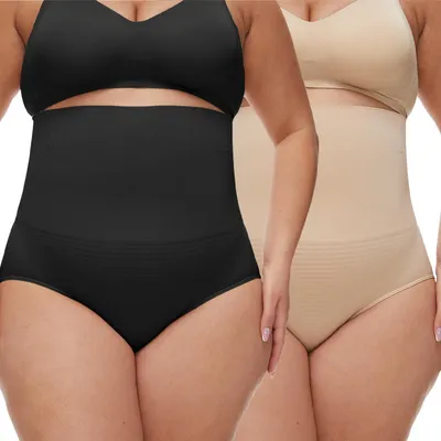 Produktbild von 2 Stück Übergröße Shapewear Damen Bauchweg Unterhose,Hoher Taille Miederhose Bauch Weg Unterhose Bauchkontrolle Miederslip -Schwarz + Beige-3XL