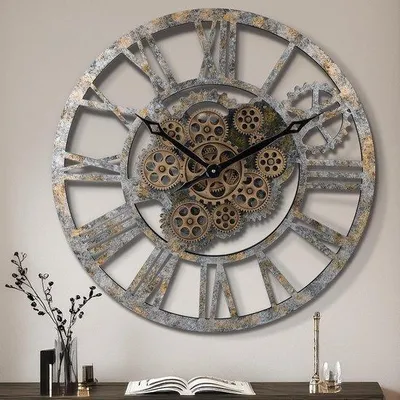 Image de Horloge murale à engrenages mobiles de 23 pouces - Style vintage - Pièce unique - Bronze patiné - Bois