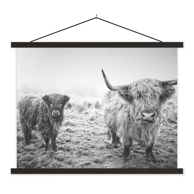 Produktbild von MuchoWow® Textilposter Schottische Hochlandbewohner - Licht - Himmel - Natur 40x30 cm mit schwarzem Rahmen - Dekorationen