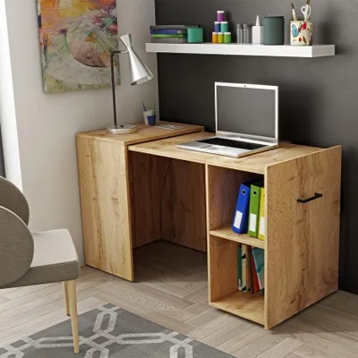 A modern home office setup with a desk, chair, and shelving.